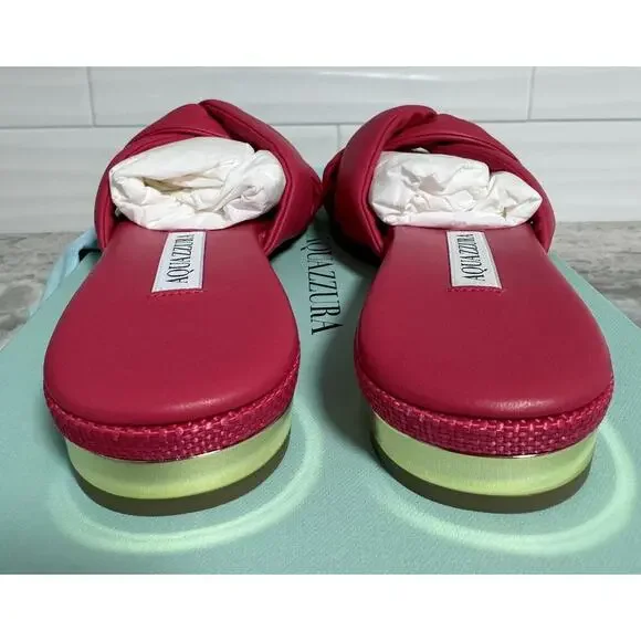 New Aquazzura Olie Pink Soft Leather Raffia Flat Slide on Sandals Size 35 - Picture 9 of 12